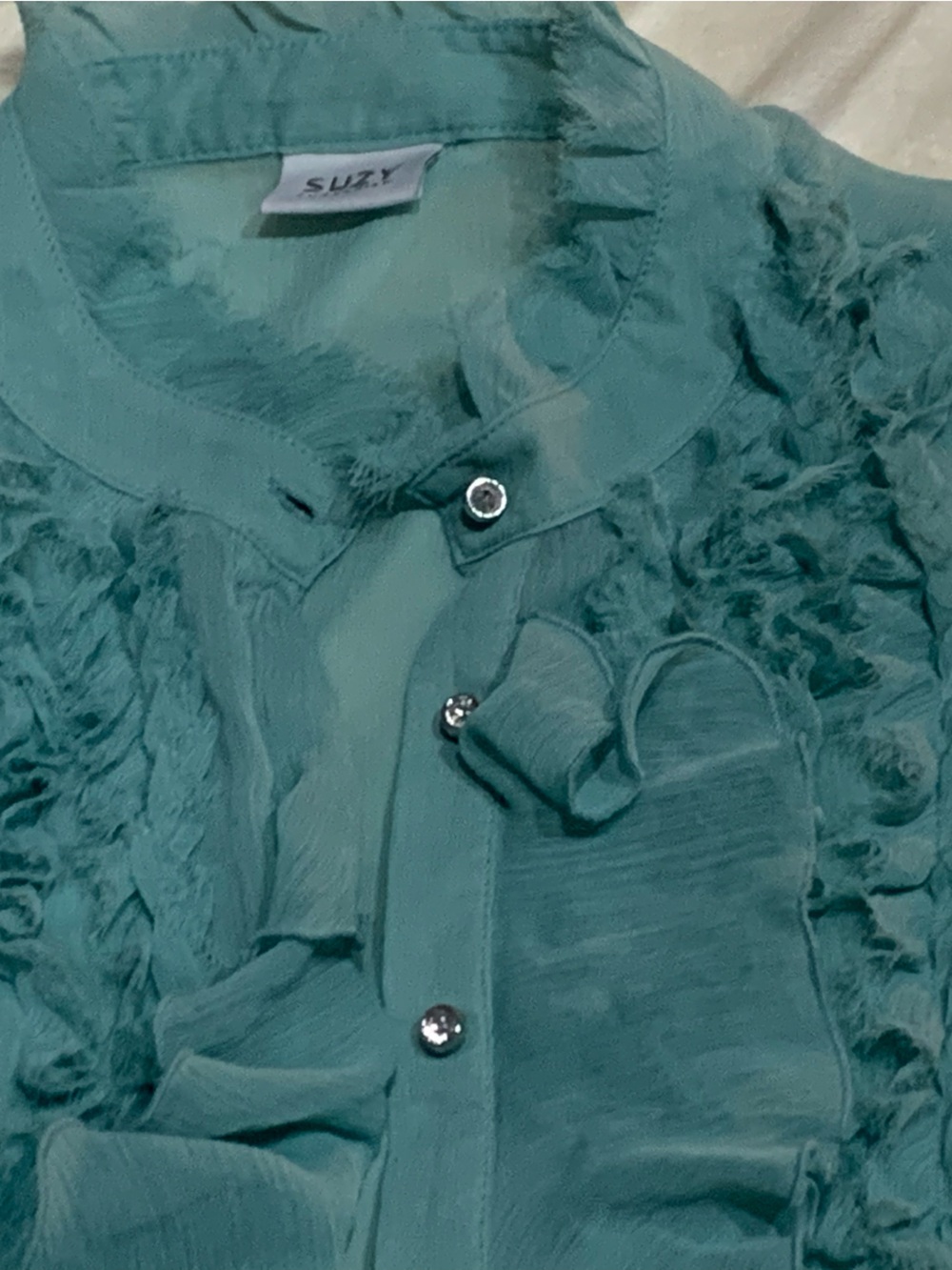 Suzy Shier Teal Ruffle-Front Button Down Blouse